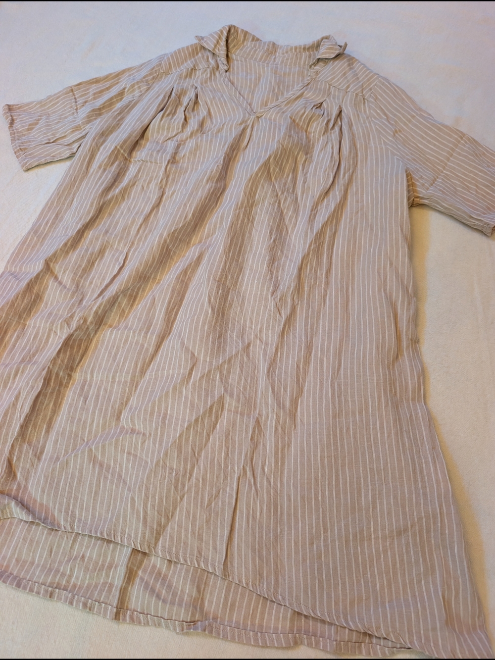 Linen Cotton AMX Tan & White Striped V-Neck Tunic Dress
